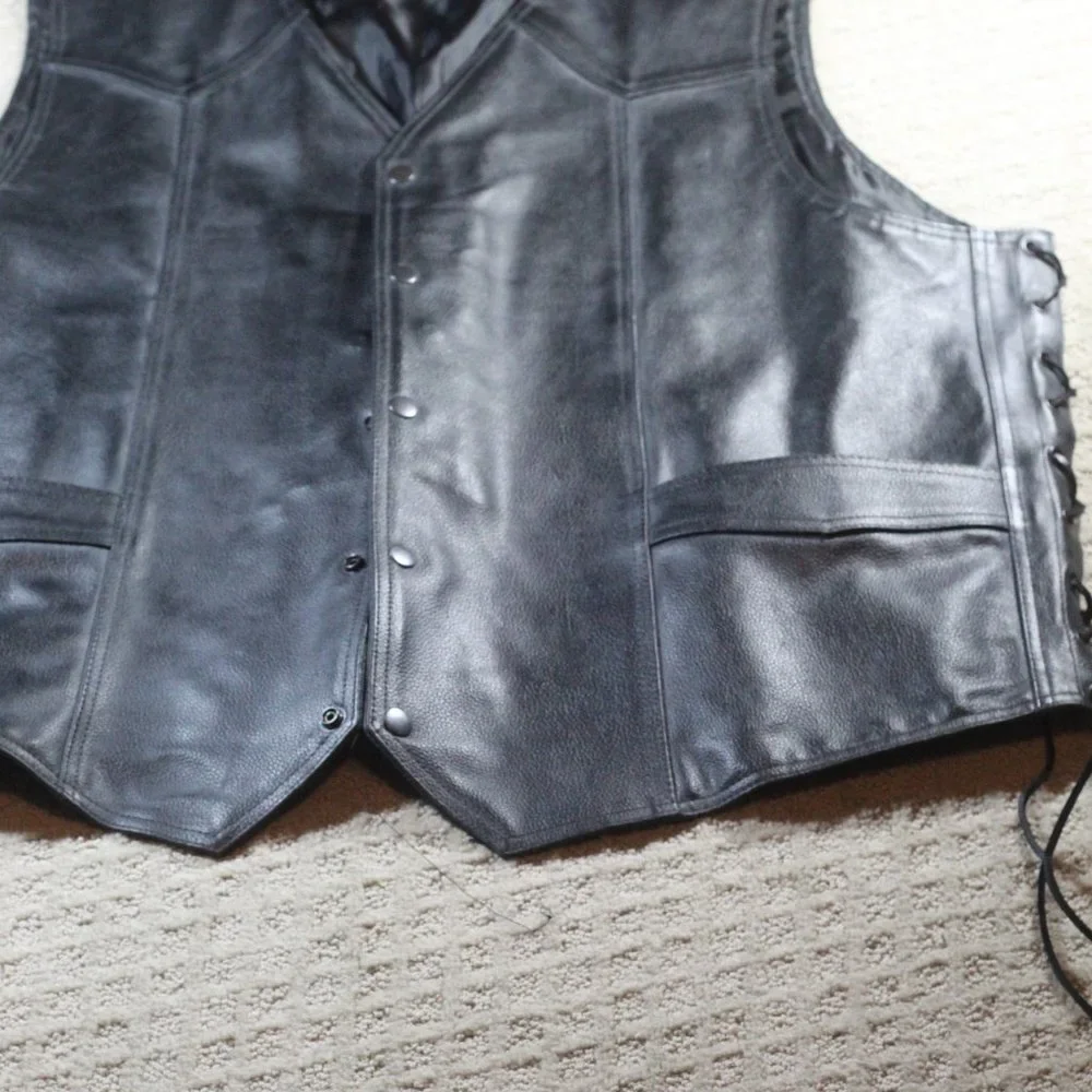 Vintage Genuine Leather Size XXL Heavy Black Moto Vest w Adjustable Sides